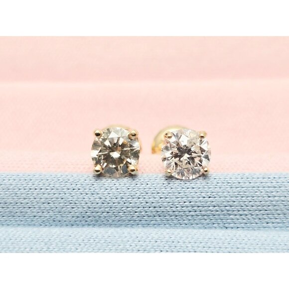 Unique 14K Karat Solid Yellow Gold Designer Round Diamond Stud Earrings 0.70ct - Picture 1 of 13